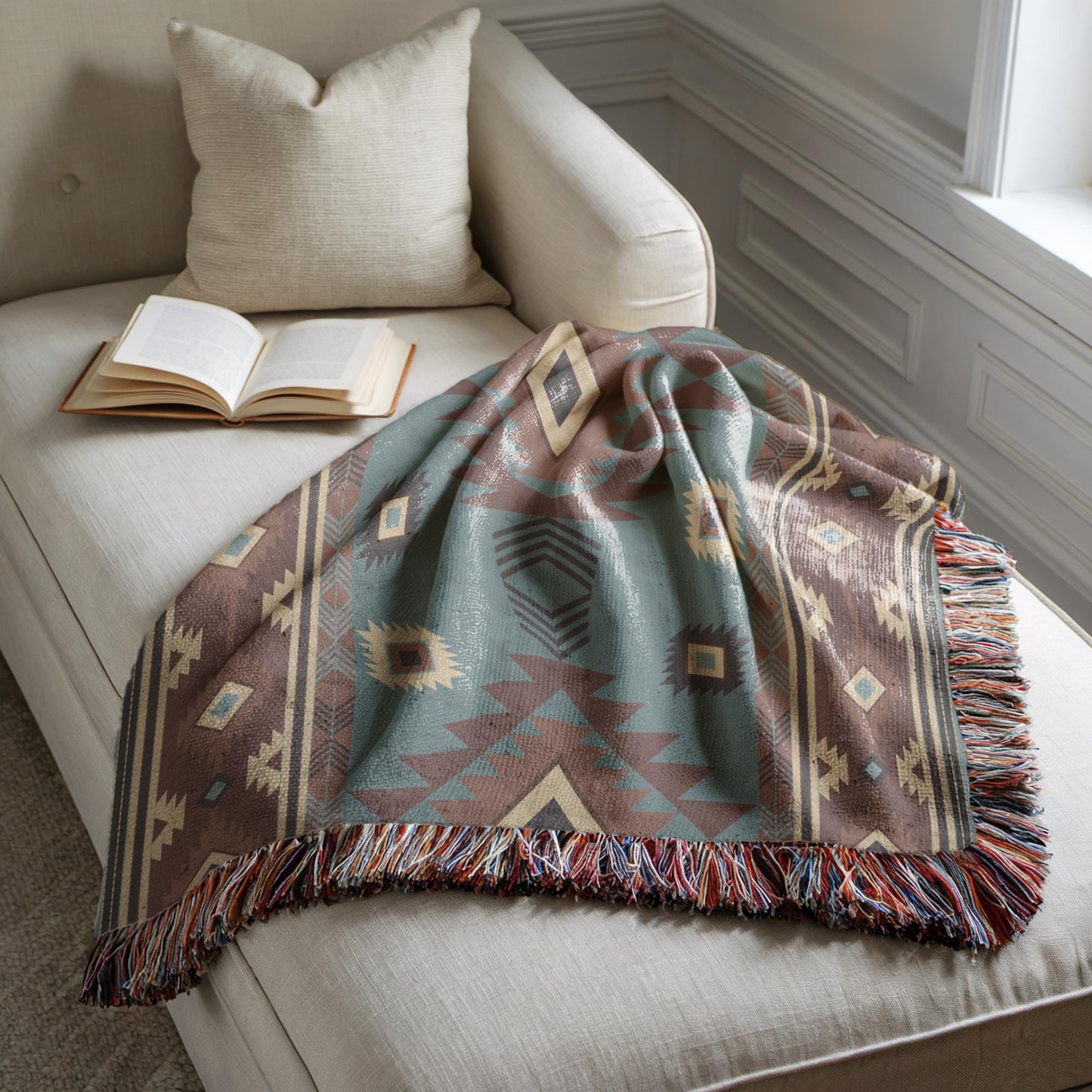 Southwestern woven blanket with geometric pattern styled for layered home decor
