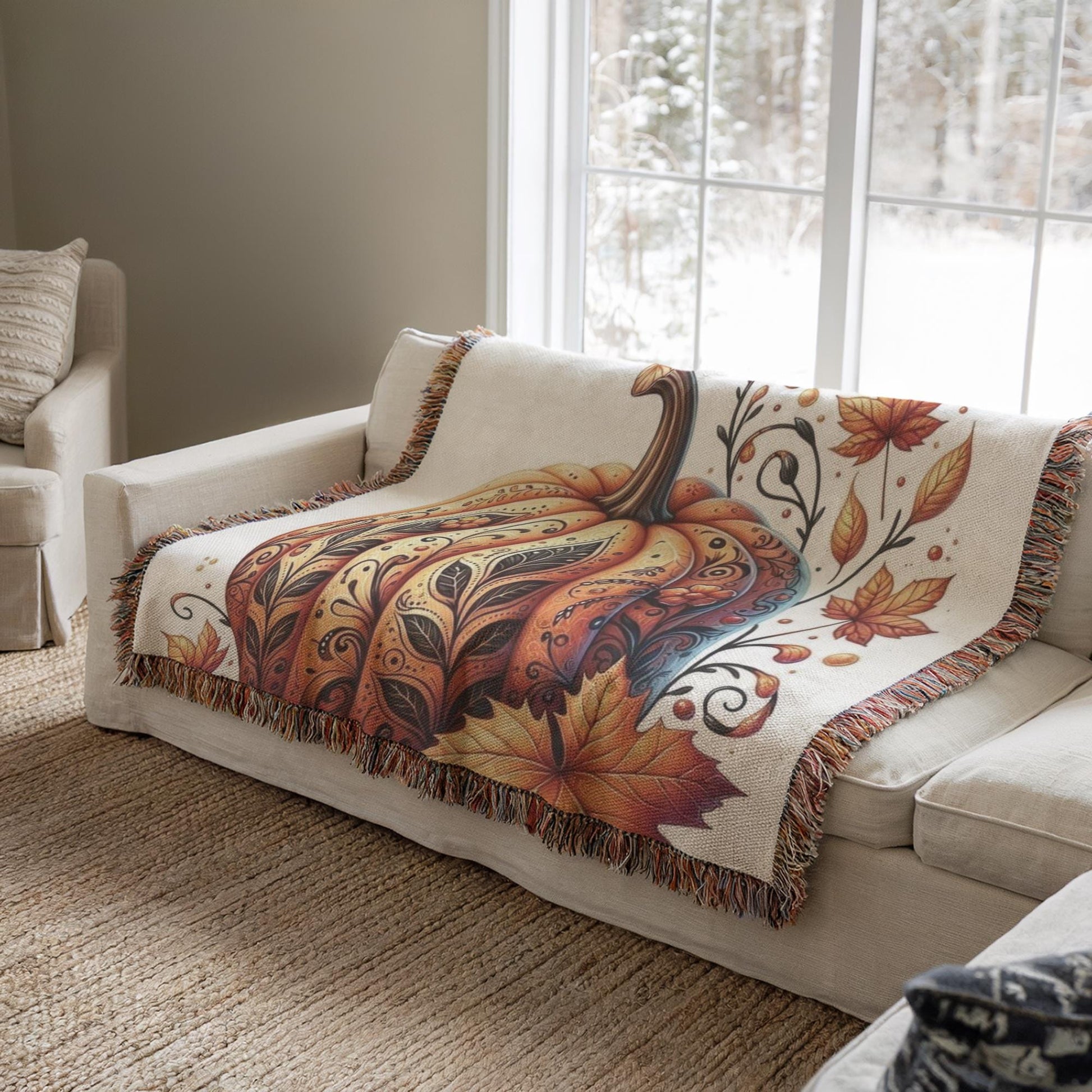 Thanksgiving Woven Blanket – Cozy Throw Blanket with Tattooed Pumpkin Design, Fringed Edge