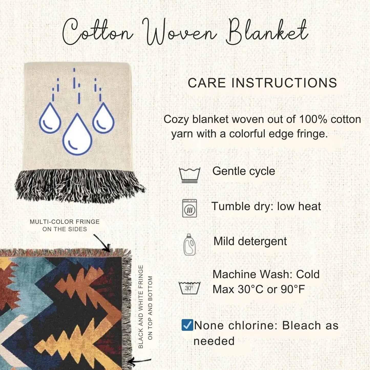 Scandinavian Inspired woven blanket with rug-style pattern styled for layered home decor