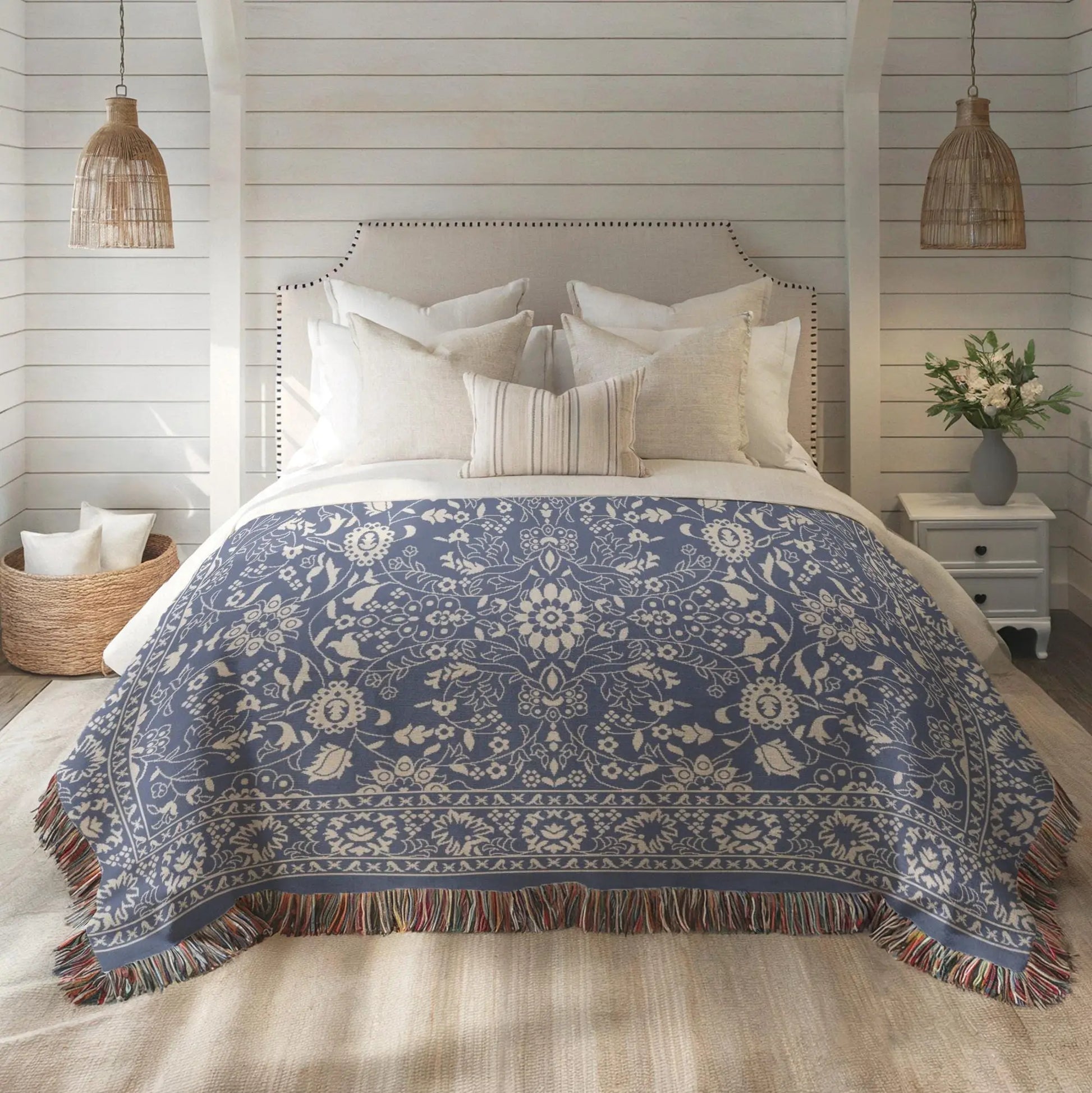 Persian Rug Throw - Boho Style Dark Blue Blanket | Handmade Woven Cotton Throw