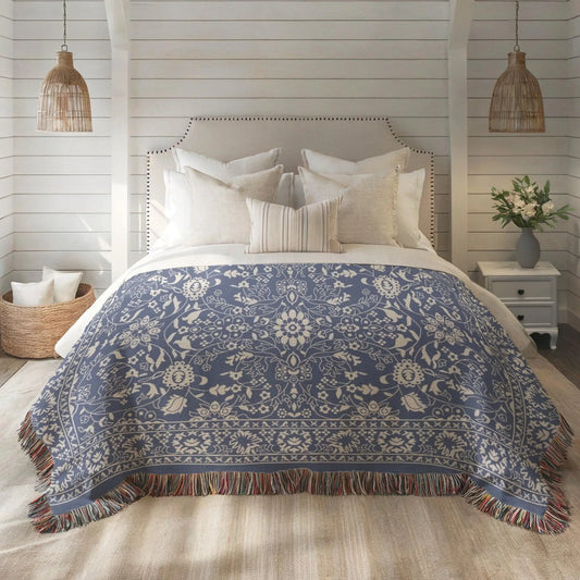 Persian Rug Throw - Boho Style Dark Blue Blanket | Handmade Woven Cotton Throw