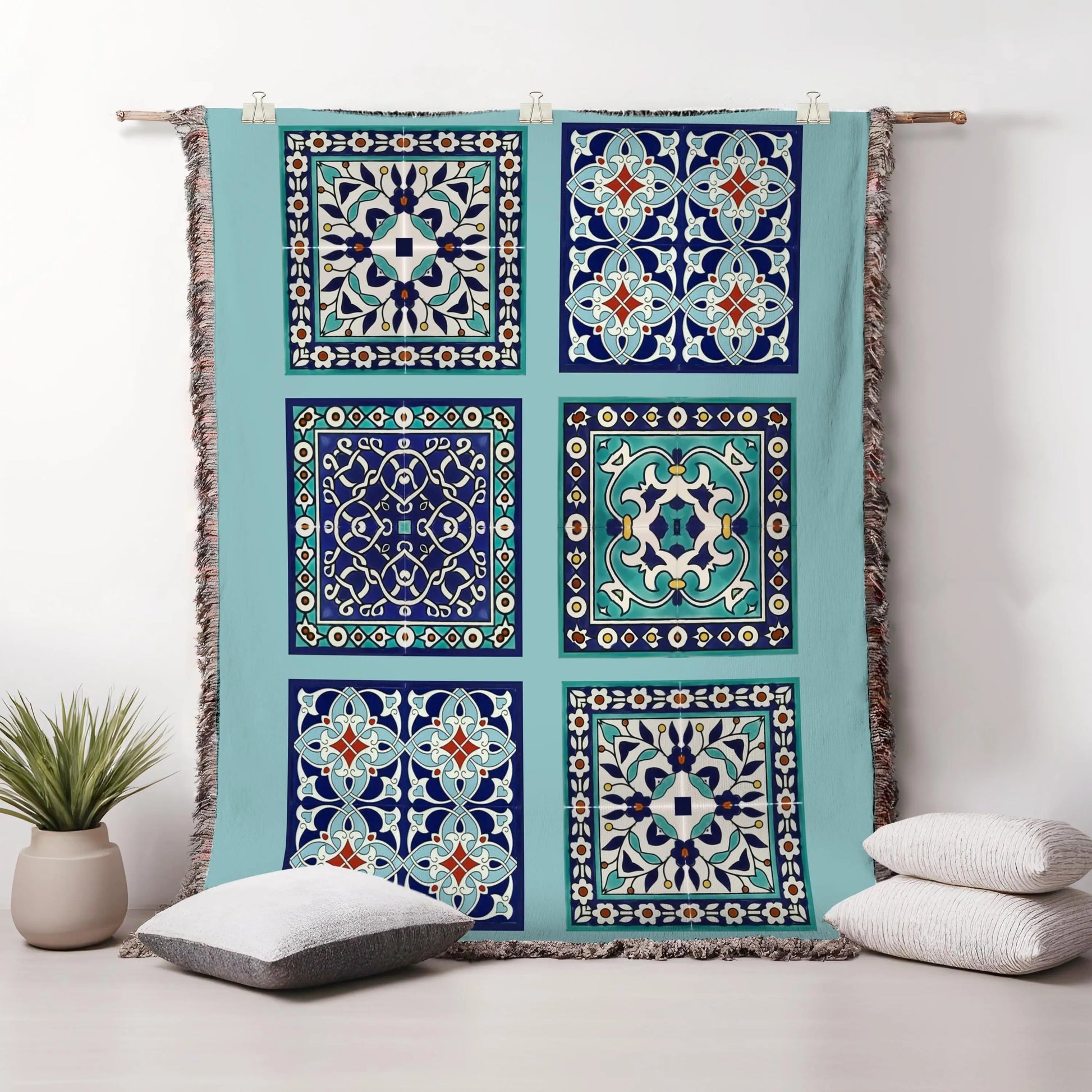 Cotton Throw Blanket - Persian Tile Tapestry | Boho Bedroom Accent & Cozy Couch