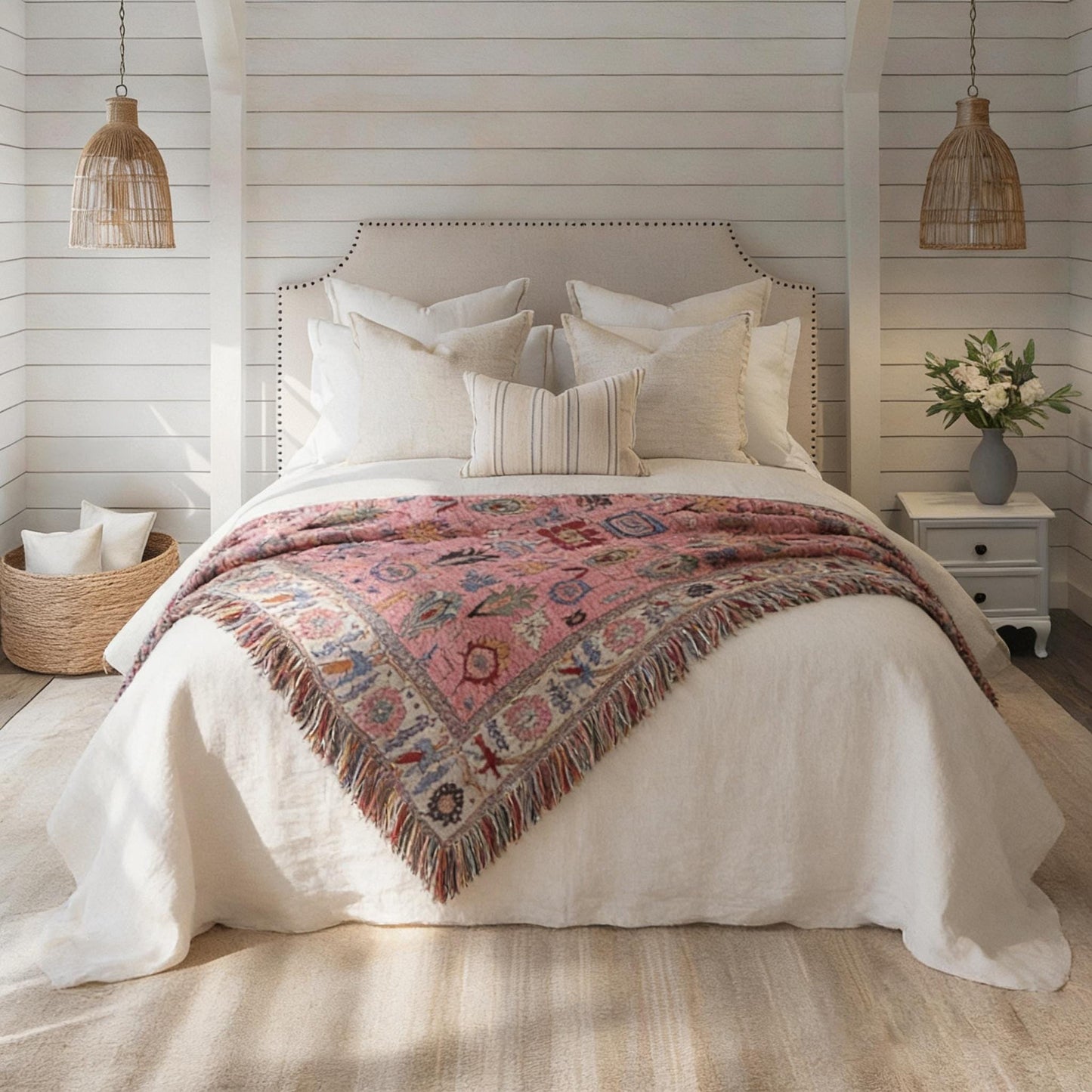 Anatolian Inspired woven blanket with rug-style pattern styled for layered home decor
