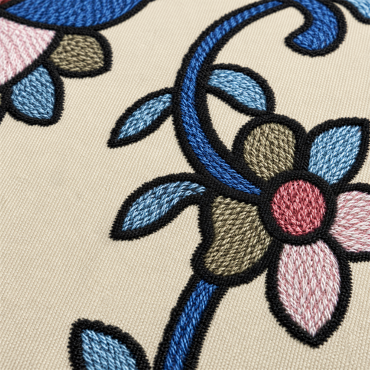 Close view of the blue and pink flowering vines with olive-green leaves on cream