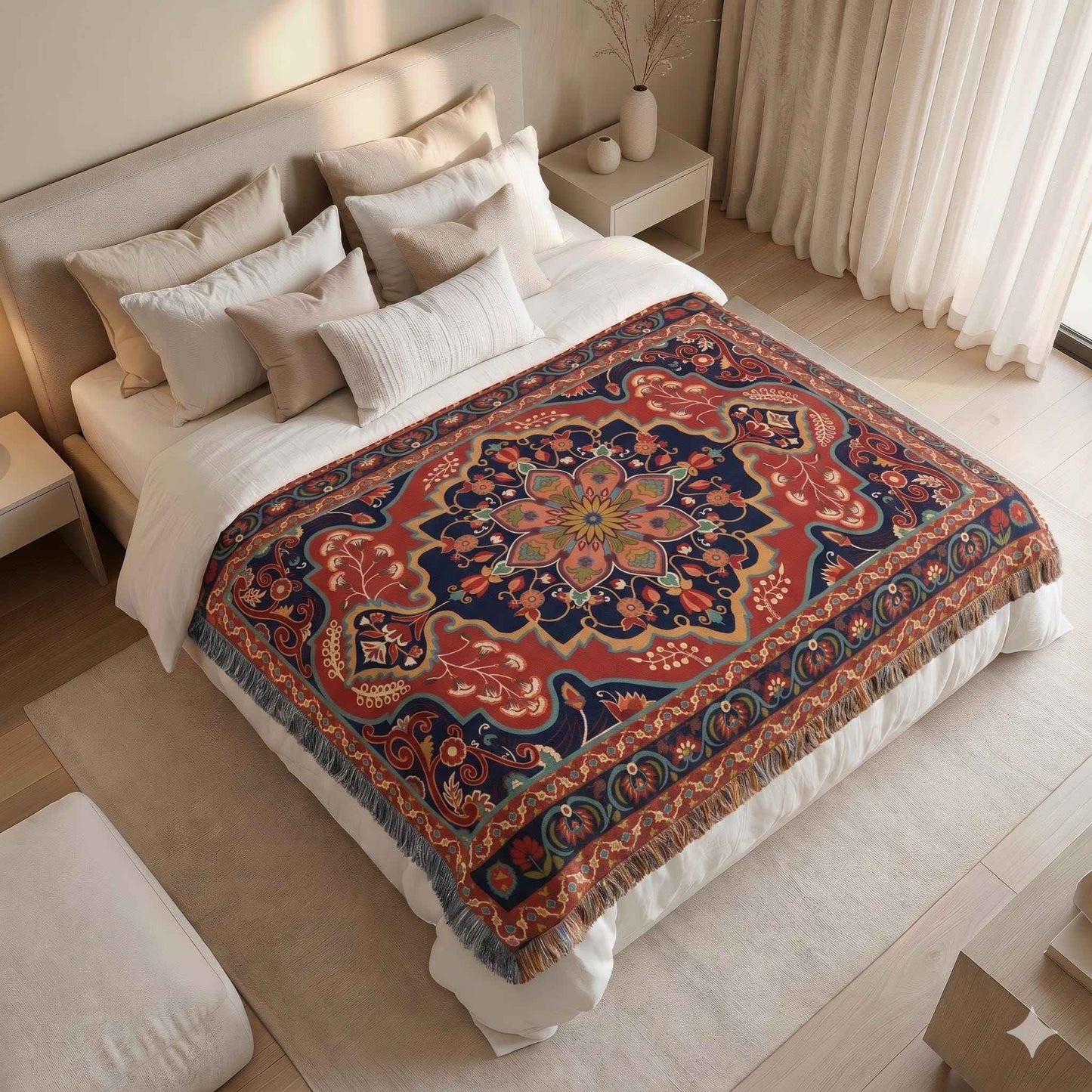 Anatolian Inspired woven blanket with rug-style pattern styled for layered home decor