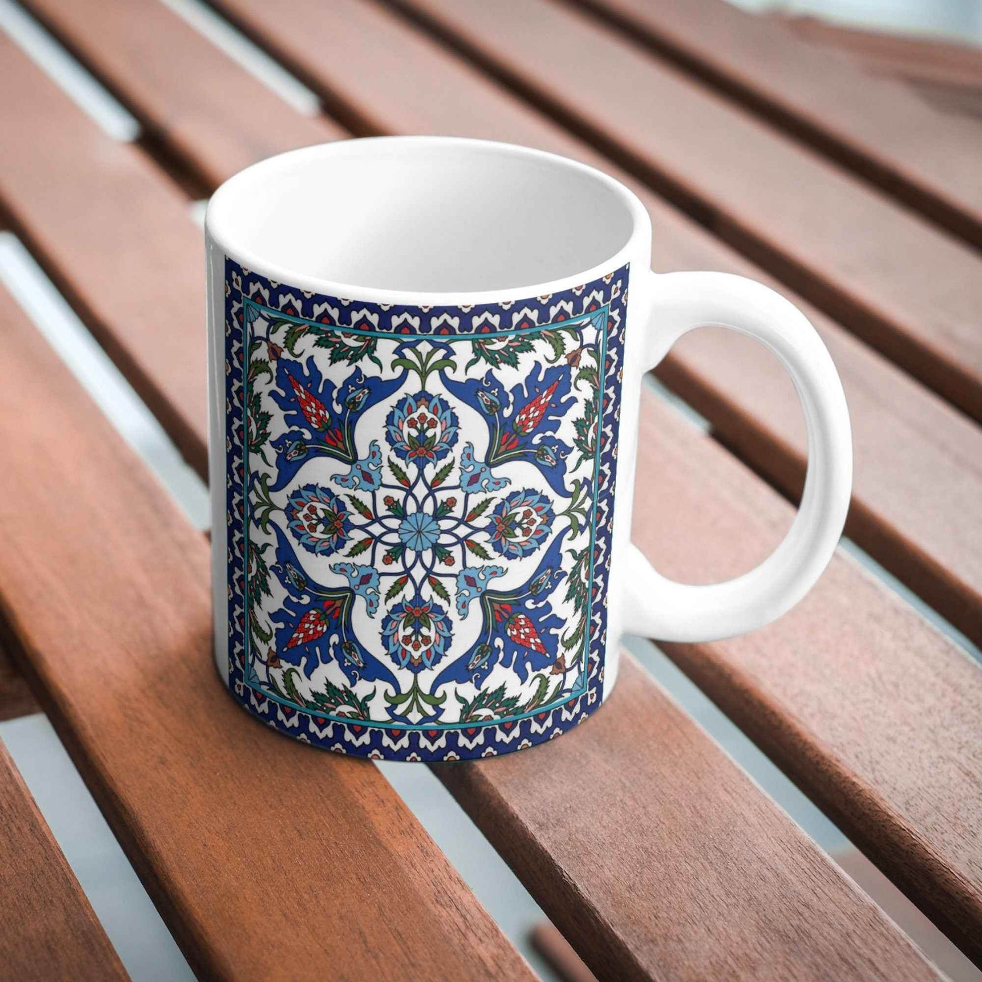 Armenian Coffee Mug – Handpainted Blue Ceramic Mug With Haykakan Design - timelessbohochic.com