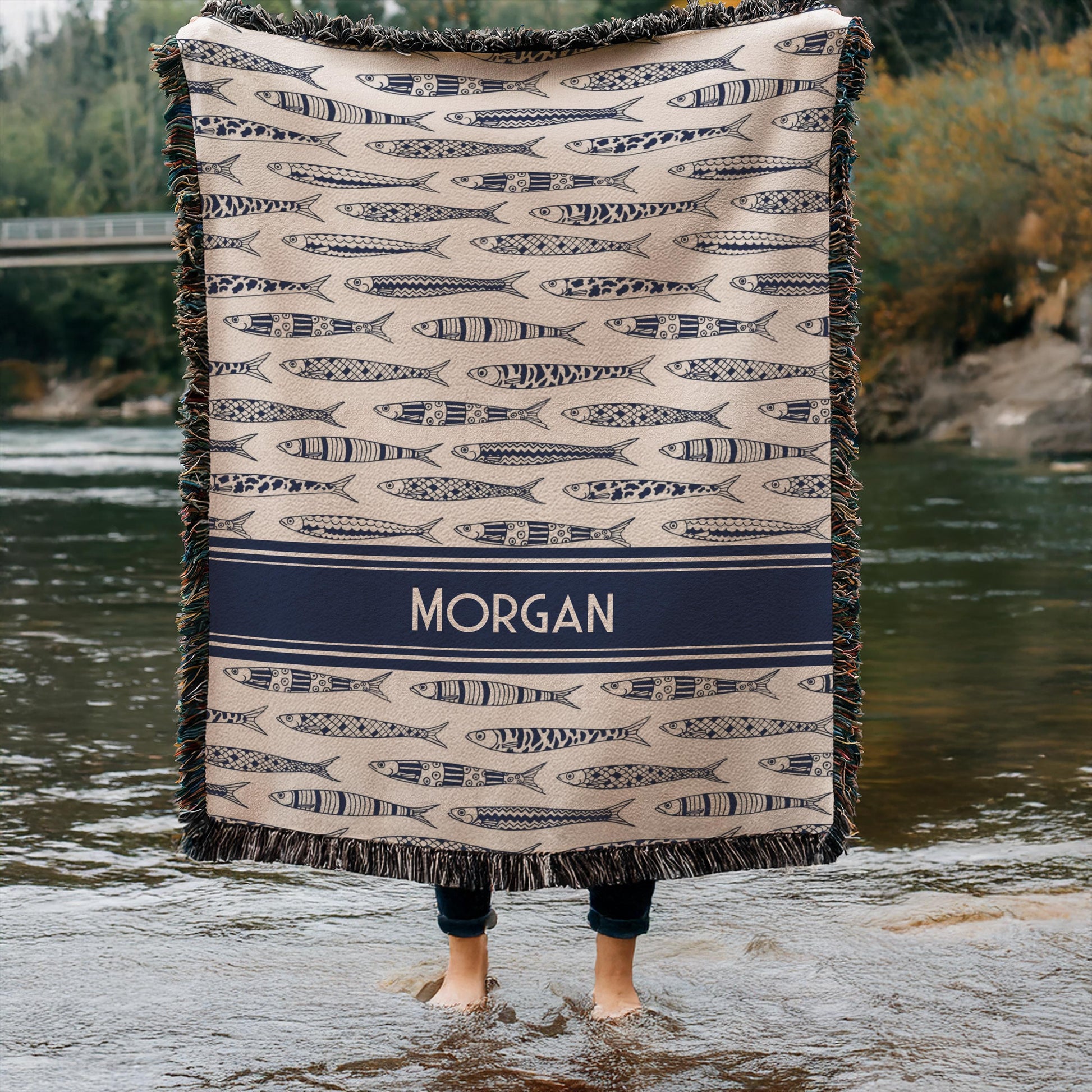 Custom Sardine Blanket | Soft Cotton Woven Throw, Personalized Beach Towel & Coastal Home Decor