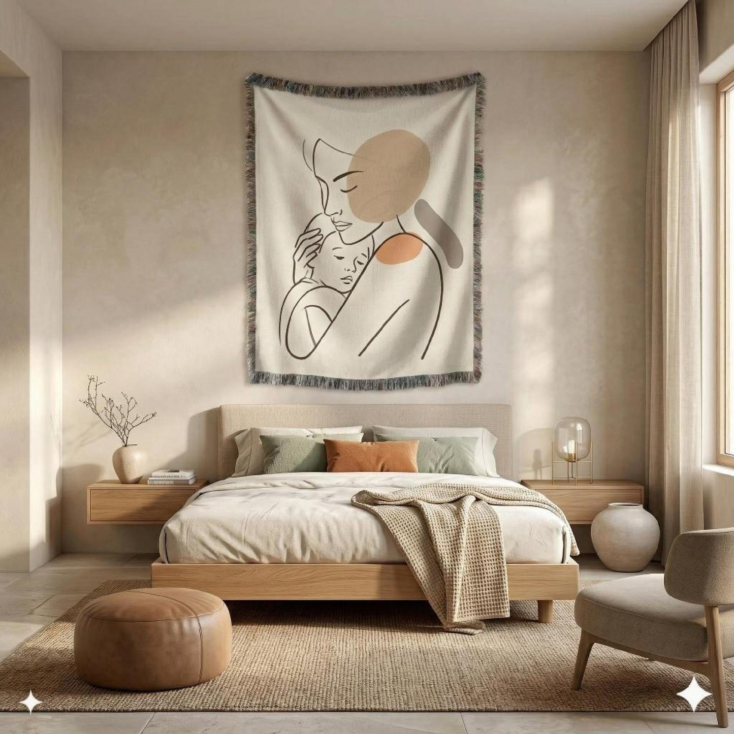 Modern Geometric woven wall tapestry with geometric pattern styled as textile wall decor