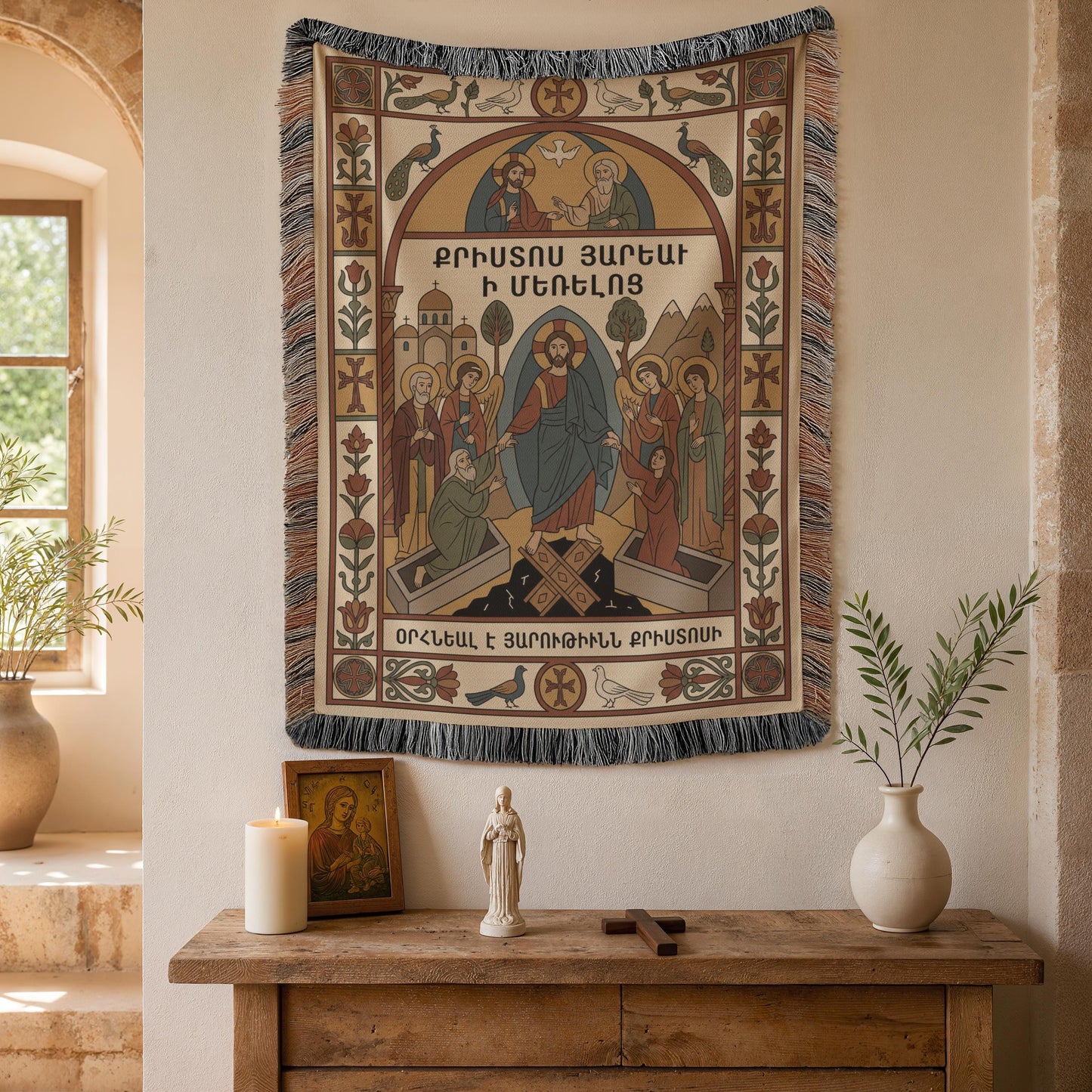 Cozy vignette with shelf and ceramics below, Virgin Mary wall tapestry featuring saints, Armenian apostolic art details.