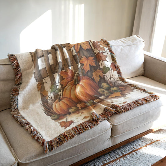 Thanksgiving Couch Blanket, Fall Leaves Sofa Throw, Harvest Season Cover, Cotton Woven Throw, Warm Farmhouse Decor, Thanksgiving Gift Idea