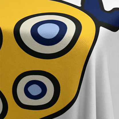 Close view of the yellow peacock tail with blue and cream eye-spots