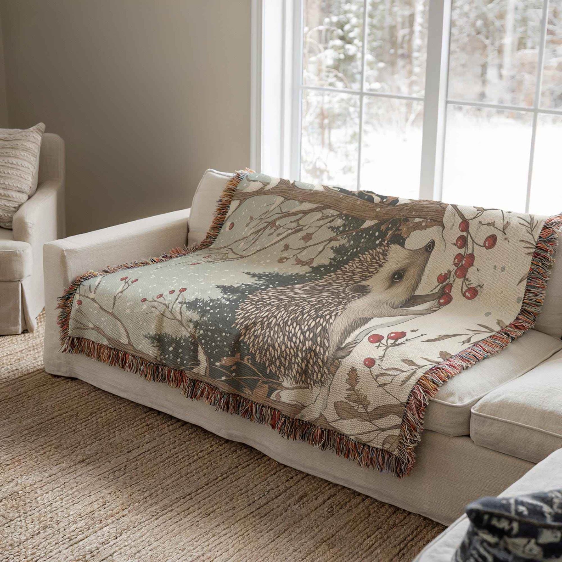 Woodland Creature Blanket - Cozy Cotton Woven Throw With Hedgehog Design - timelessbohochic.com