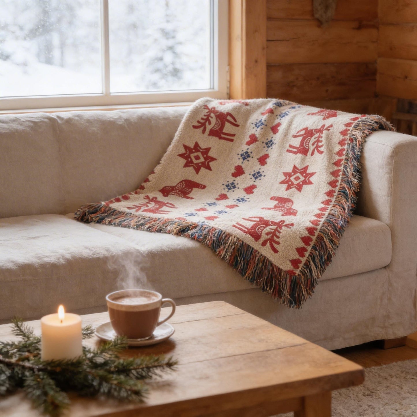 Scandinavian Inspired woven blanket with rug-style pattern styled for layered home decor