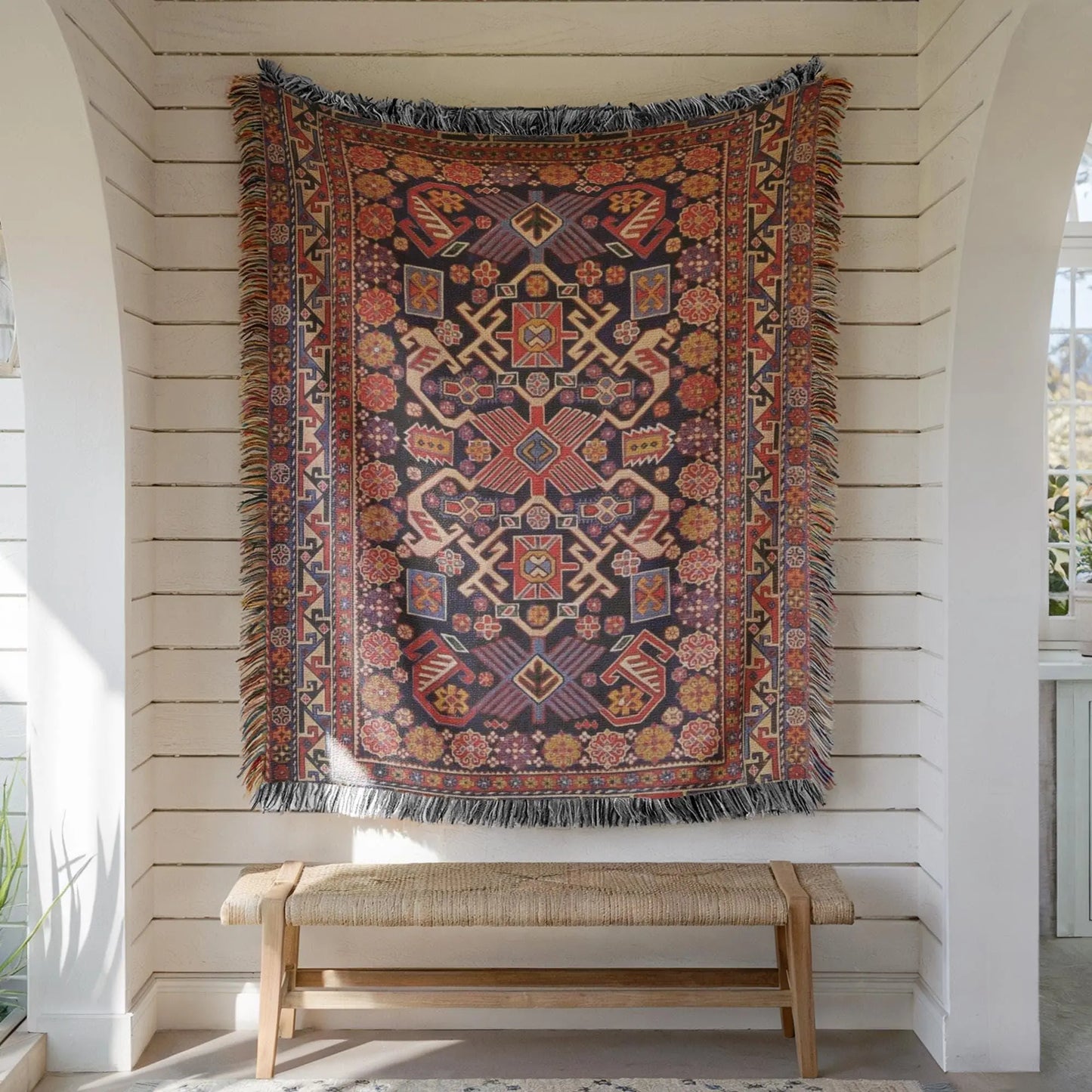Woven Wall Hanging - Turkish Rug Tapestry With Colorful Fringed Cotton Textile