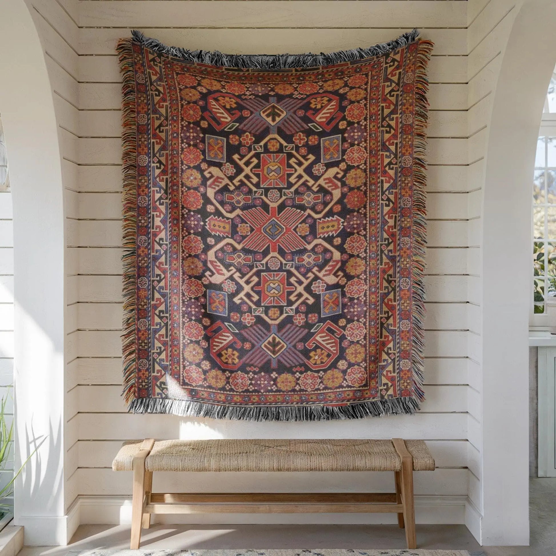 Woven Wall Hanging - Turkish Rug Tapestry With Colorful Fringed Cotton Textile