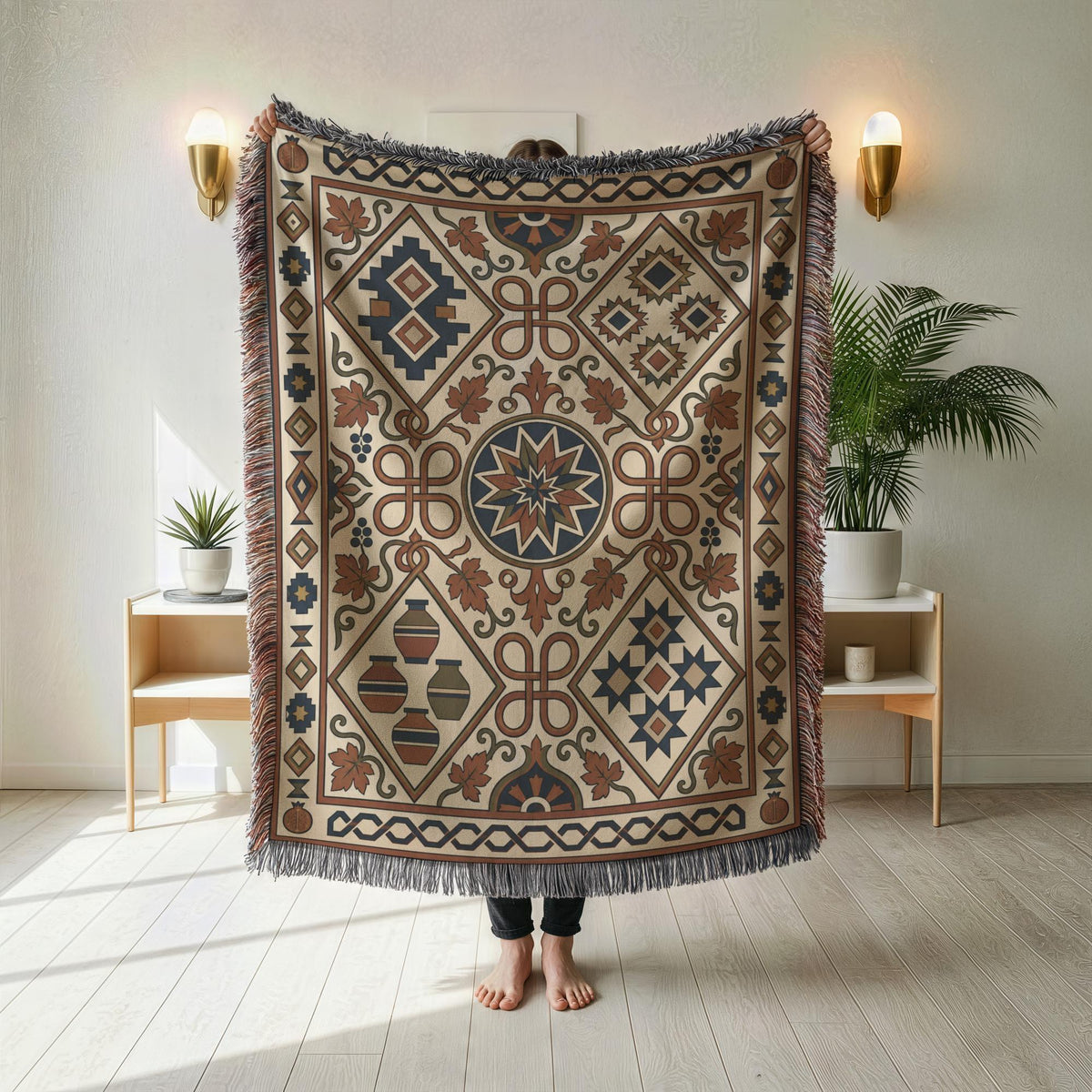 Rust and teal geometric woven cotton bed throw blanket shown in a styled room setting