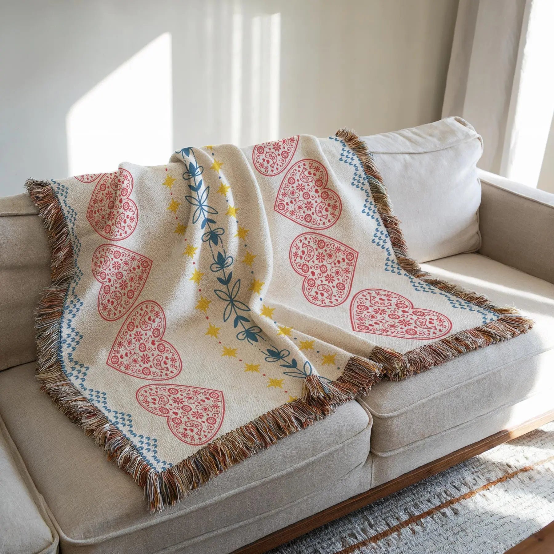 Cotton Woven Blanket – Swedish Scandi Heart Throw with Nordic Star Design
