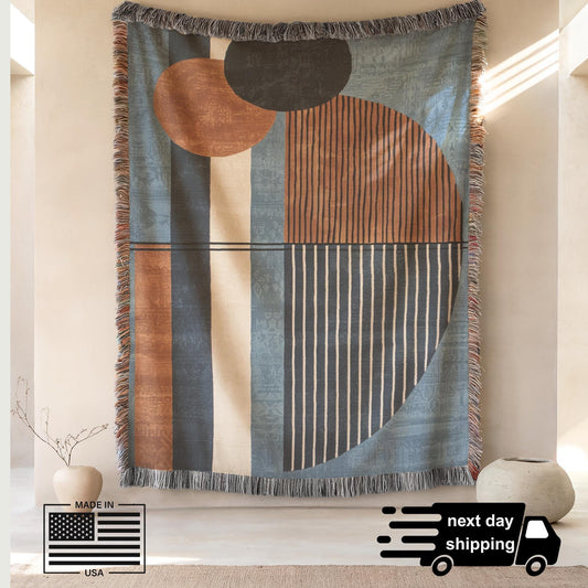 Modern Woven Blanket - Blue Rust Brown Cotton Throw With Colorful Fringed Edges