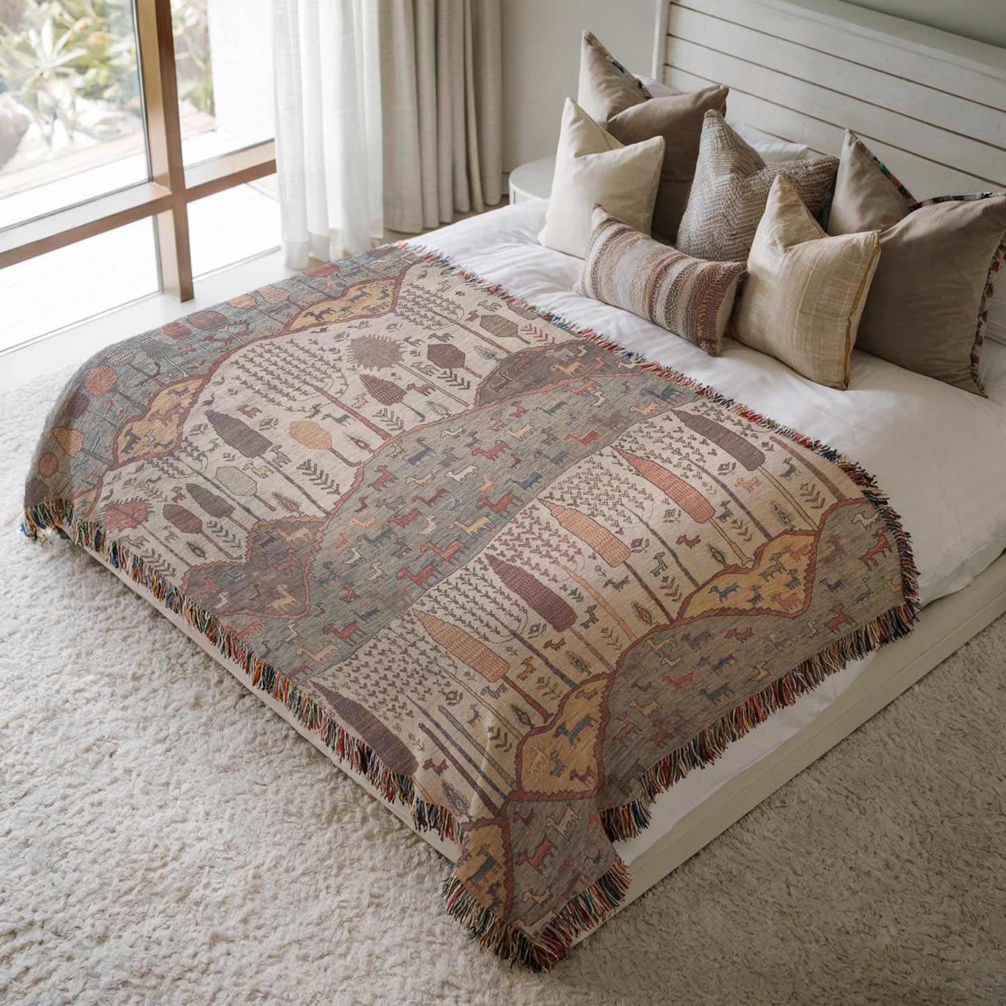 Modern Geometric woven blanket with geometric pattern styled for layered home decor