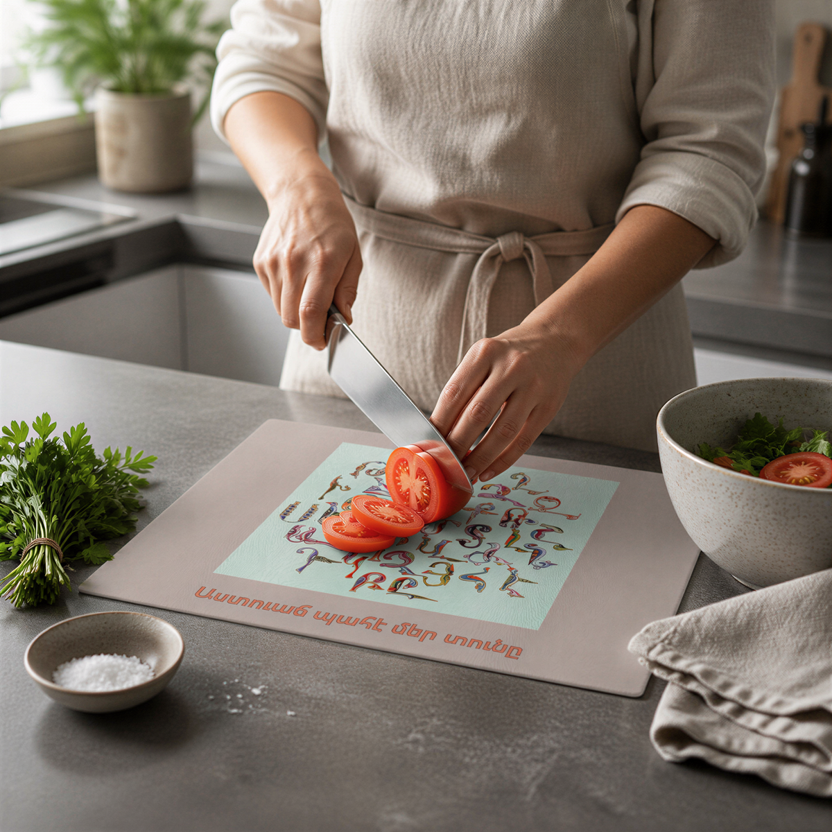 Armenian blessing glass cutting board in mint, a cook slicing a tomato on it at a grey counter