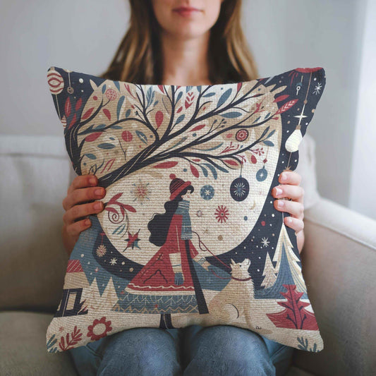 Woven Christmas Pillow - Cozy Seasonal Cushion with Lady & Dog Design | Festive Home Decor - timelessbohochic.com
