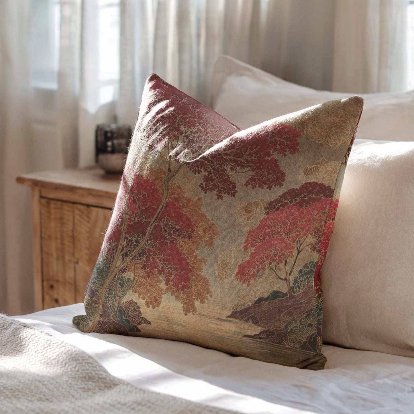 Modern Geometric throw pillow with geometric pattern styled on a sofa or bed