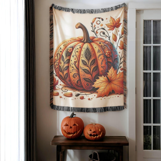 Thanksgiving Pumpkin Blanket - Woven Throw With Tattooed Pumpkin Design, Cozy Fall Decor