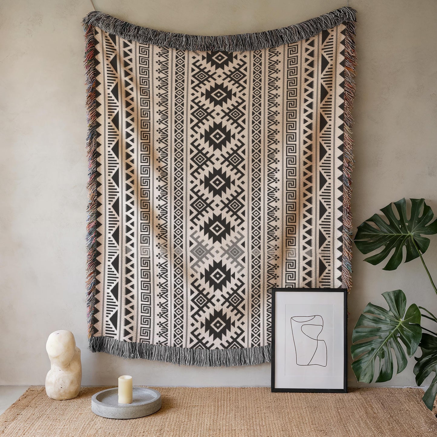 Southwestern woven wall tapestry with geometric pattern styled as textile wall decor