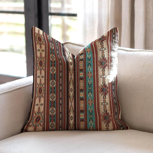 Boho Ikat Throw Pillow - Rustic Woven Cotton Cushion with Colorful Fringed Edges - timelessbohochic.com