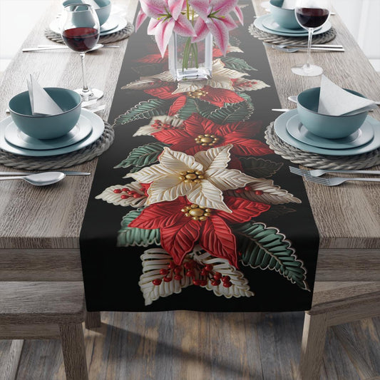 Poinsettia Table Runner - Red Green Runner | Elegant Holiday Table Decor