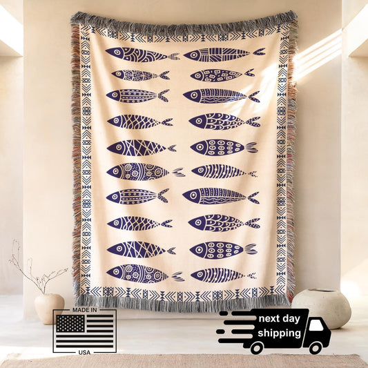 Sardine Blanket - Ethnic Fish Tapestry Woven Cotton Blanket for Coastal Home Decor