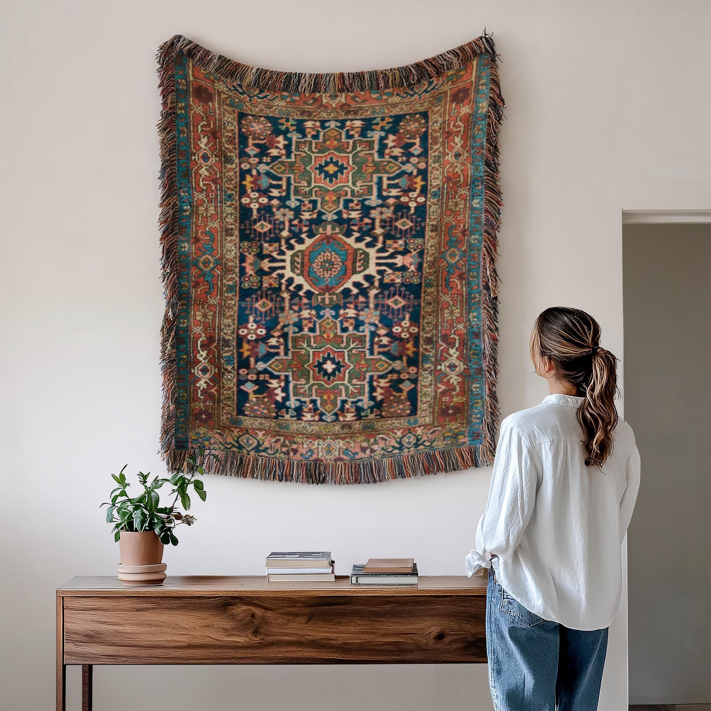 Anatolian Inspired woven wall tapestry with rug-style pattern styled as textile wall decor