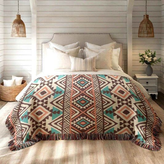 Tribal Patterned Throw Blanket – Woven Cotton Navajo Style, Soft Warm Coverlet - timelessbohochic.com