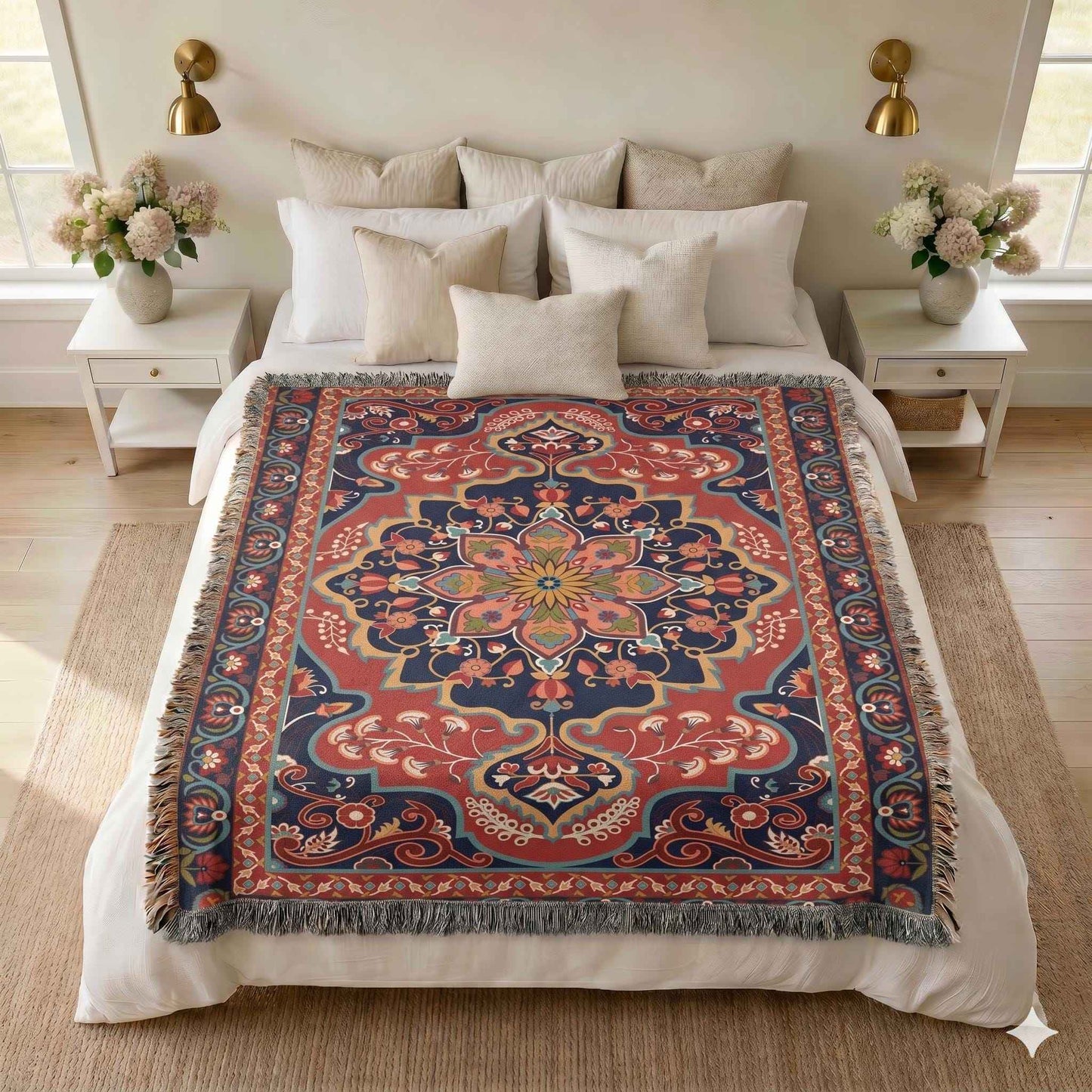 Anatolian Inspired woven blanket with rug-style pattern styled for layered home decor