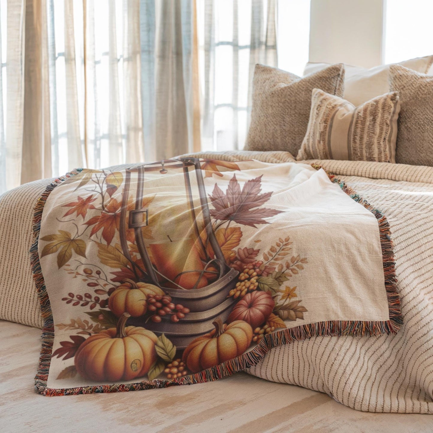Fall Throw Blanket – Cozy Bedroom Throw with Pumpkin Decor & Lantern Autumn Design