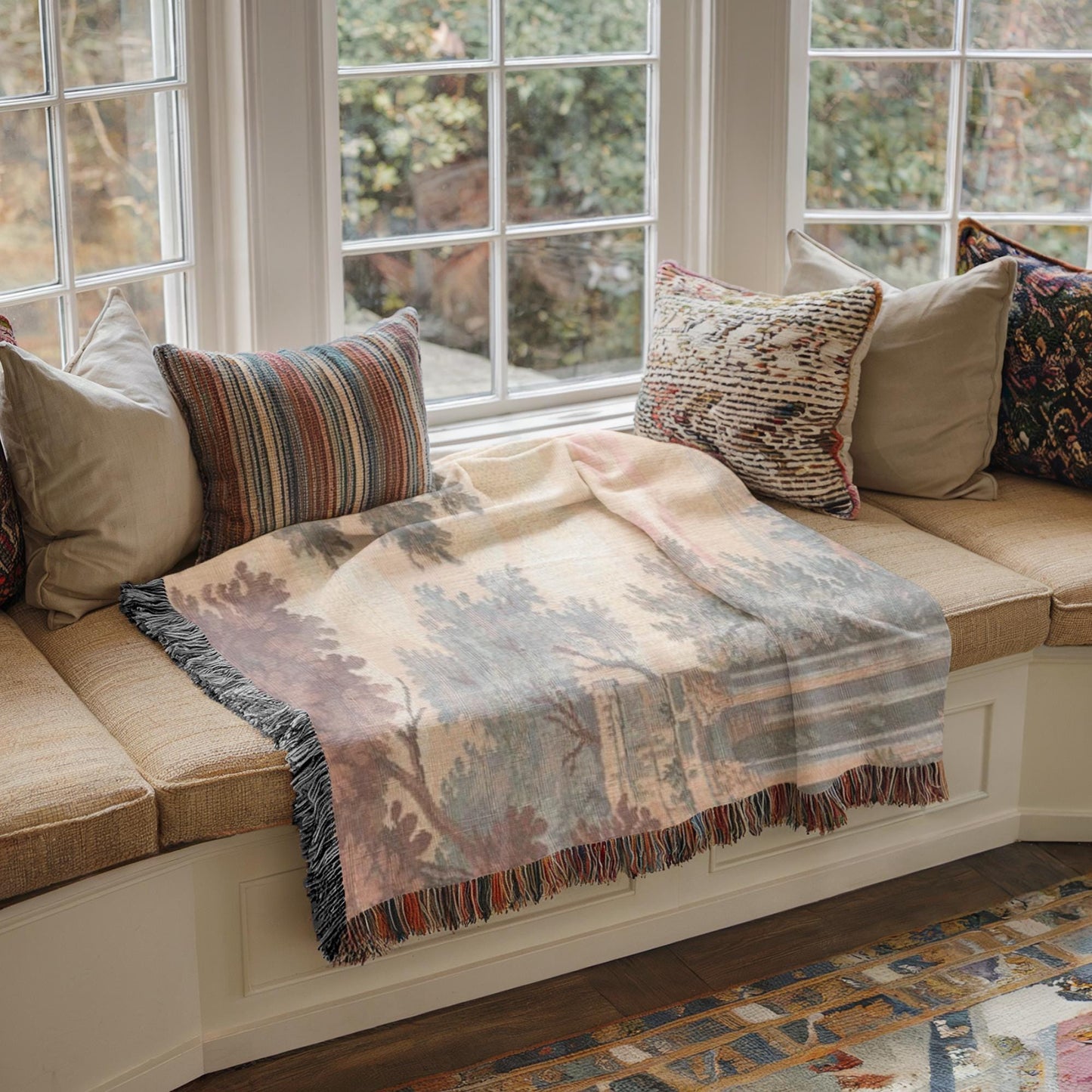 Modern Geometric woven blanket with geometric pattern styled for layered home decor