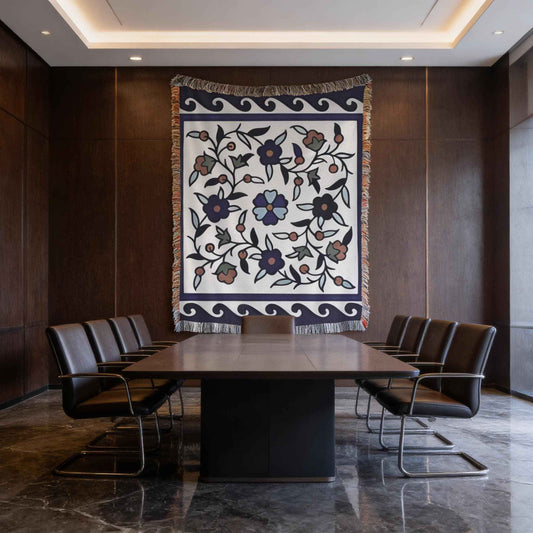 Anatolian Inspired woven wall tapestry with rug-style pattern styled as textile wall decor