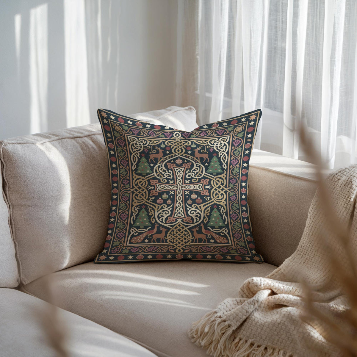 Armenian cross woven throw pillow on a beige sofa with a white throw draped over the armrest