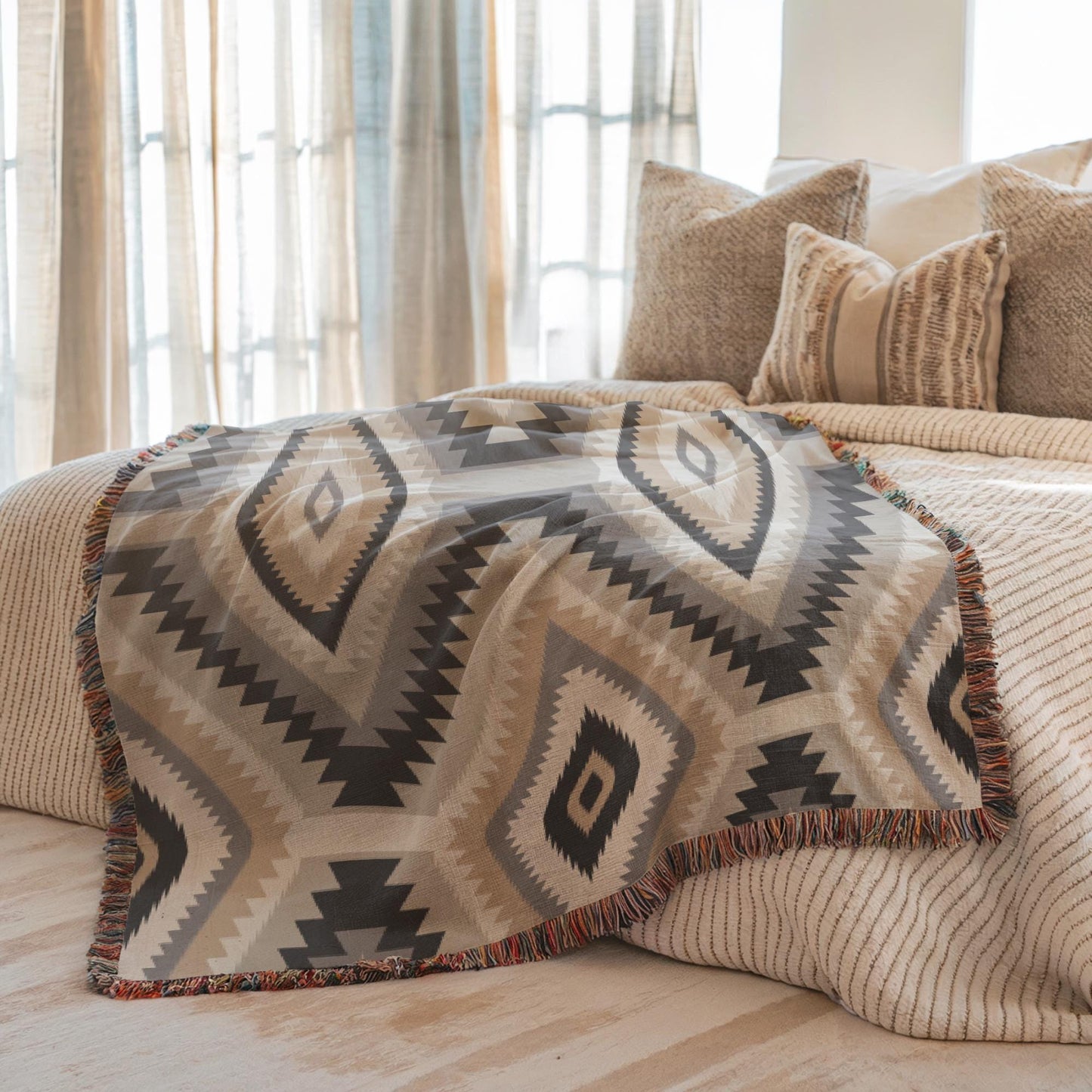 Southwestern woven blanket with geometric pattern styled for layered home decor