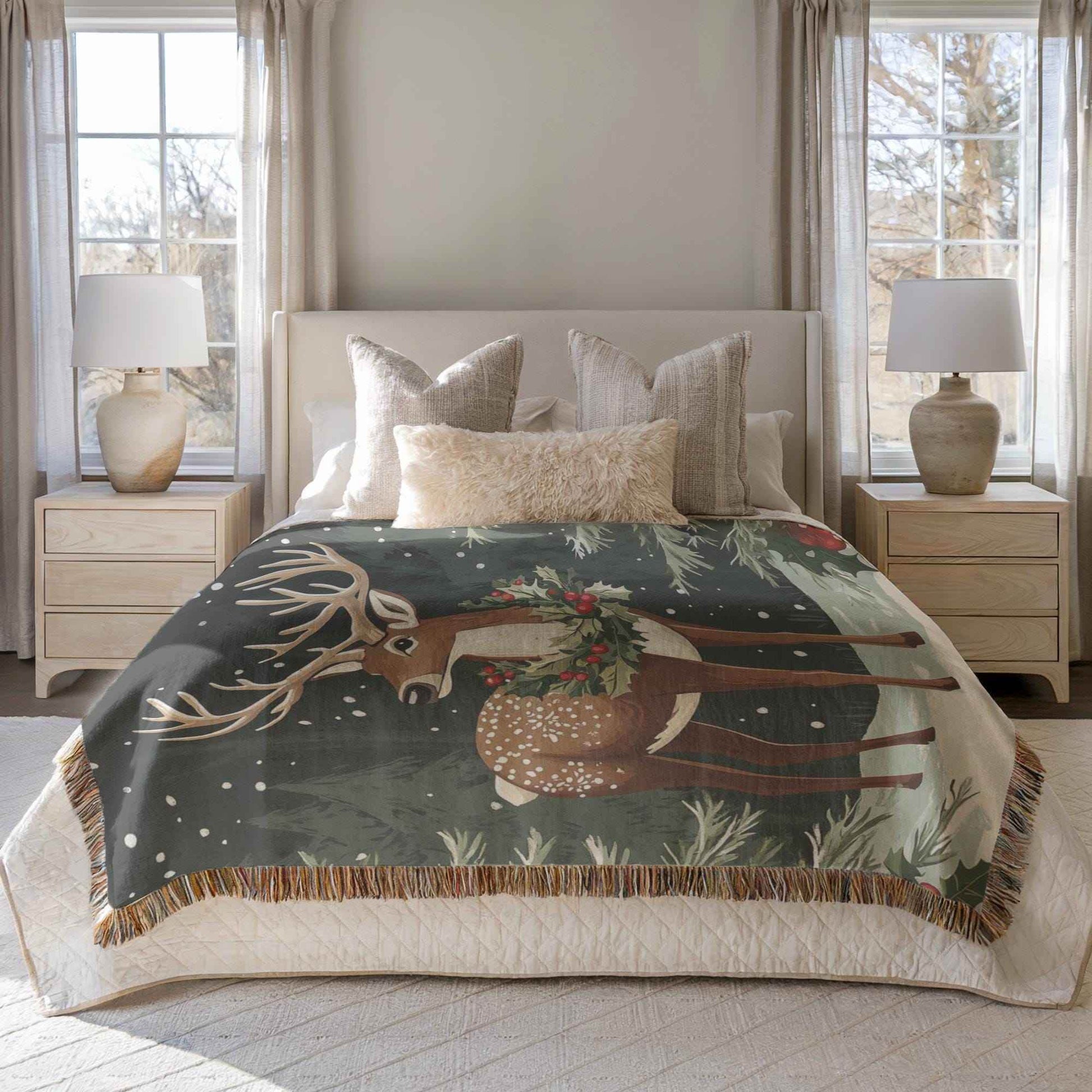 Christmas Woven Blanket – Cozy Winter Decor | Large Cotton Throw with Woodland Creature Design - timelessbohochic.com