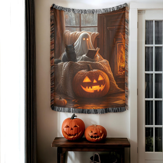 Halloween Throw Blanket - Ghost Cotton Woven Throw with Black Cat Pumpkin Design