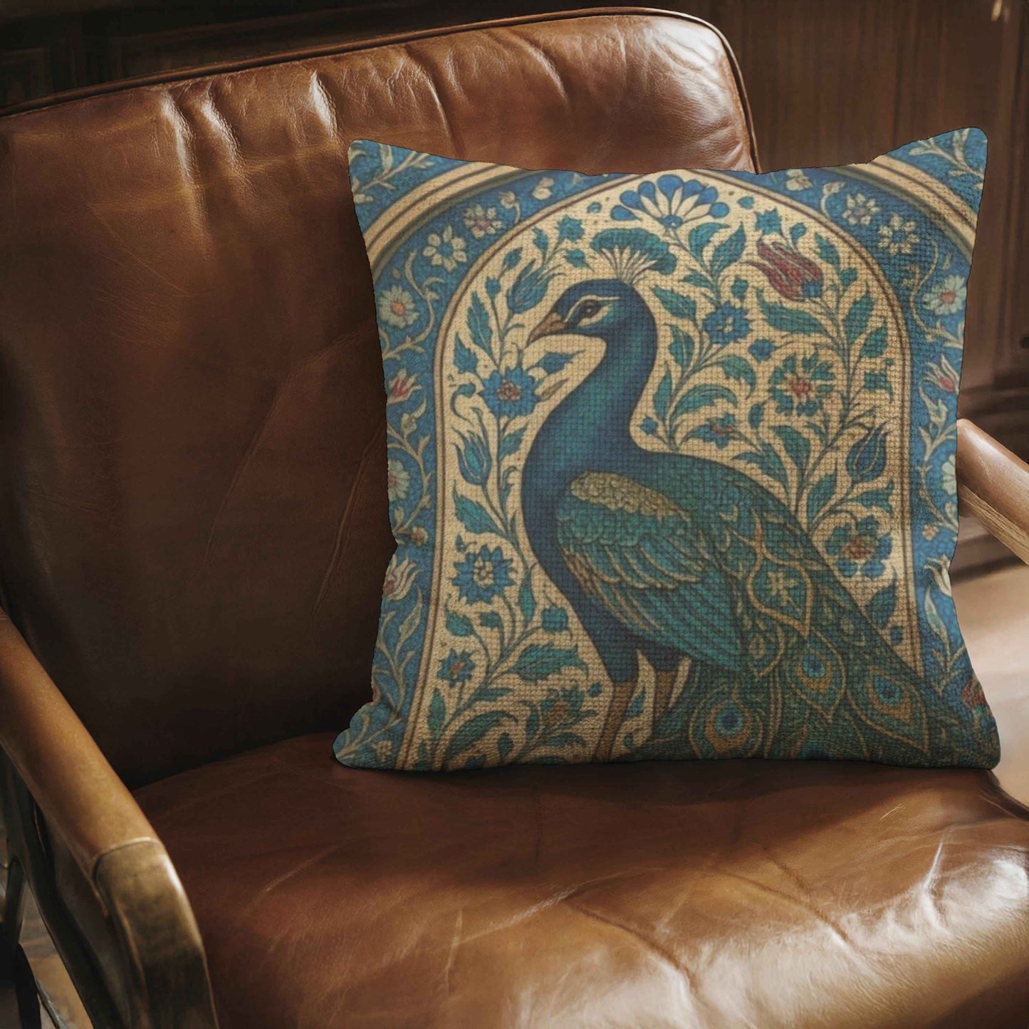 Modern Geometric throw pillow with geometric pattern styled on a sofa or bed