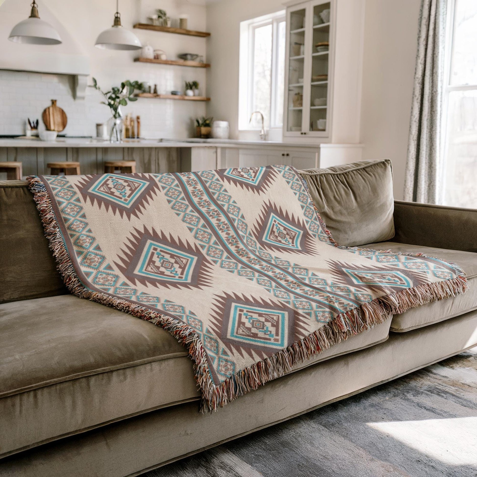 a cozy living room with a brown sofa and a patterned throw blanket on it. The room has a kitchen area with a sink and cabinets visible in the background.