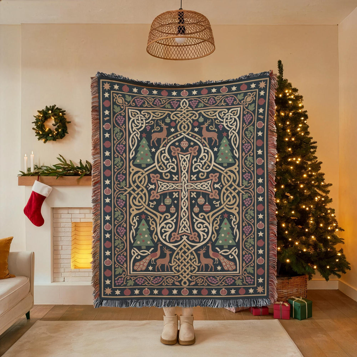 A person stands in front of a Christmas tree, holding a large, intricately patterned blanket with a cross design. The room has a cozy, festive atmosphere with a decorated Christmas tree and a wreath on the wall.