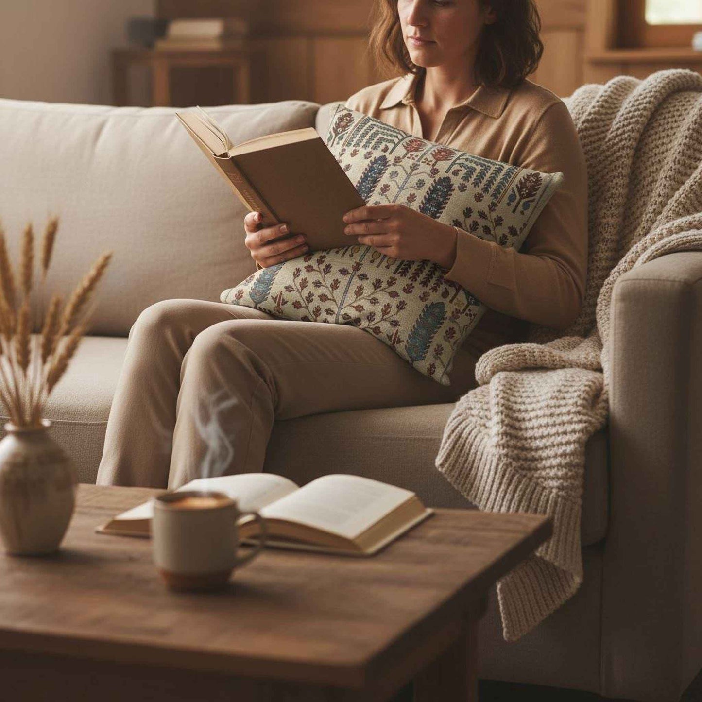 Rustic Cabin throw pillow with woven pattern styled on a sofa or bed