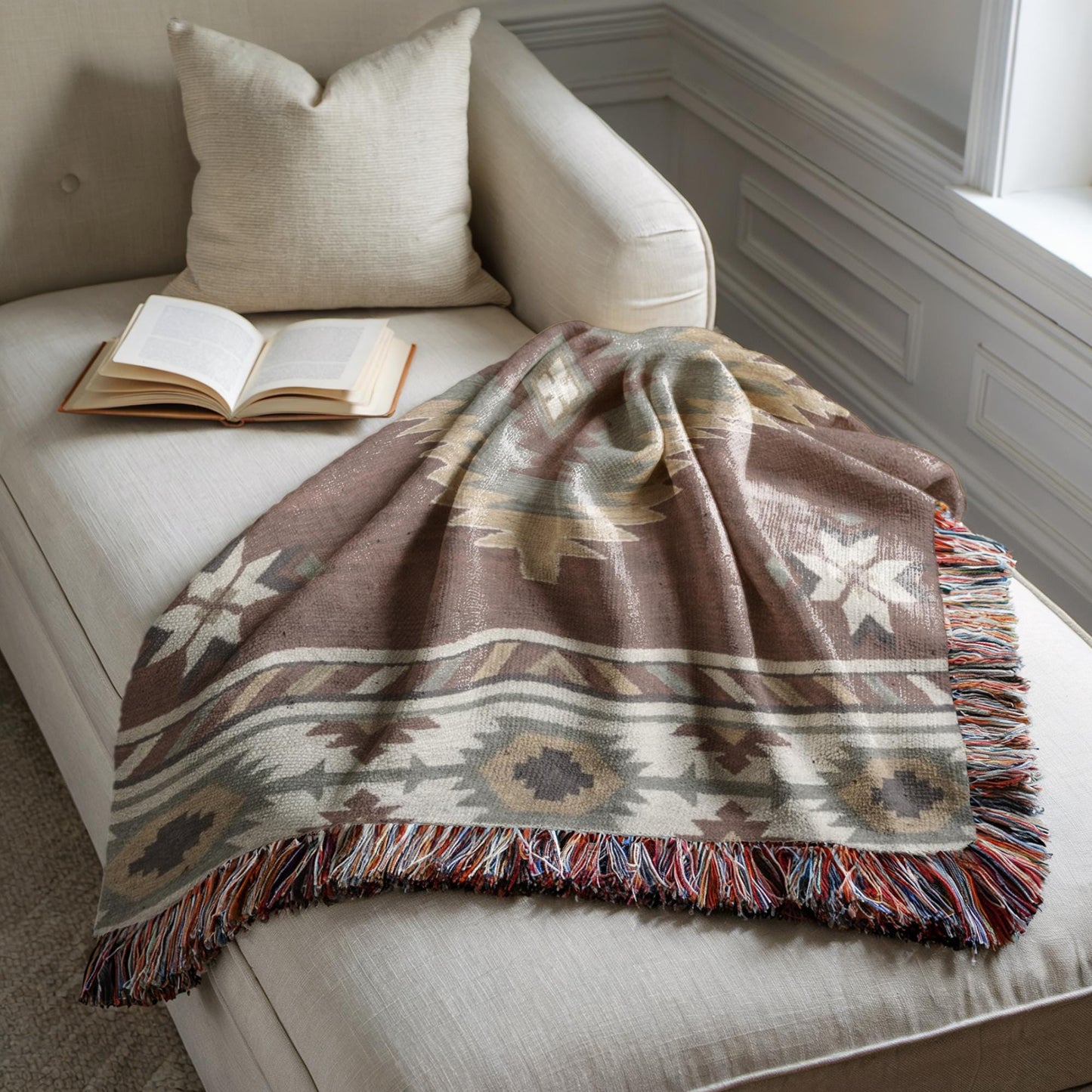 Southwestern woven blanket with geometric pattern styled for layered home decor