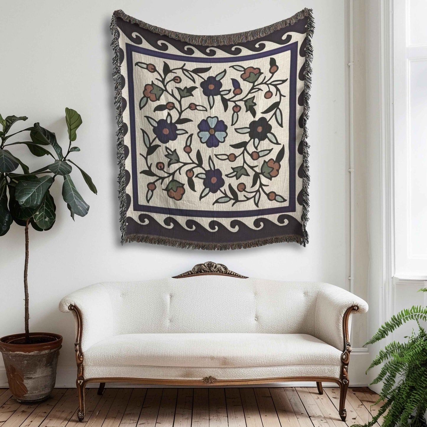 Anatolian Inspired woven wall tapestry with rug-style pattern styled as textile wall decor