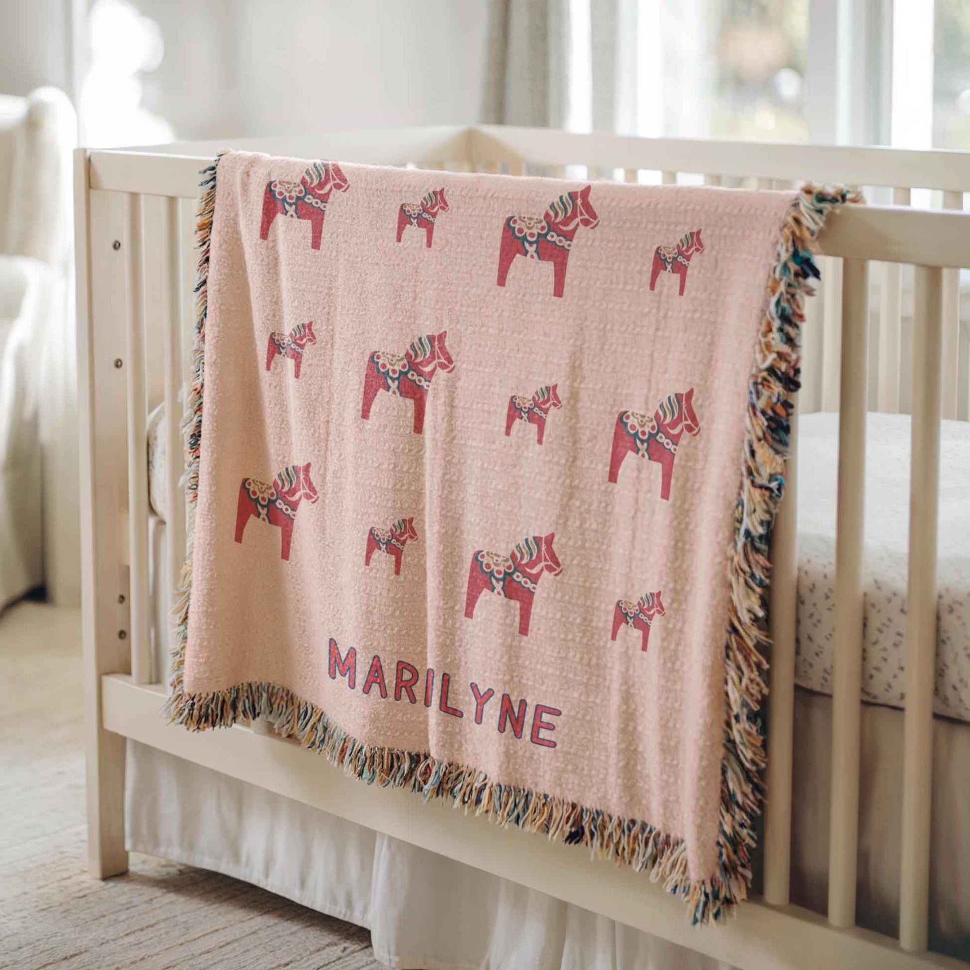 Personalized Baby Blanket - Custom Name Woven Cotton Quilt With Fringed Edges - timelessbohochic.com