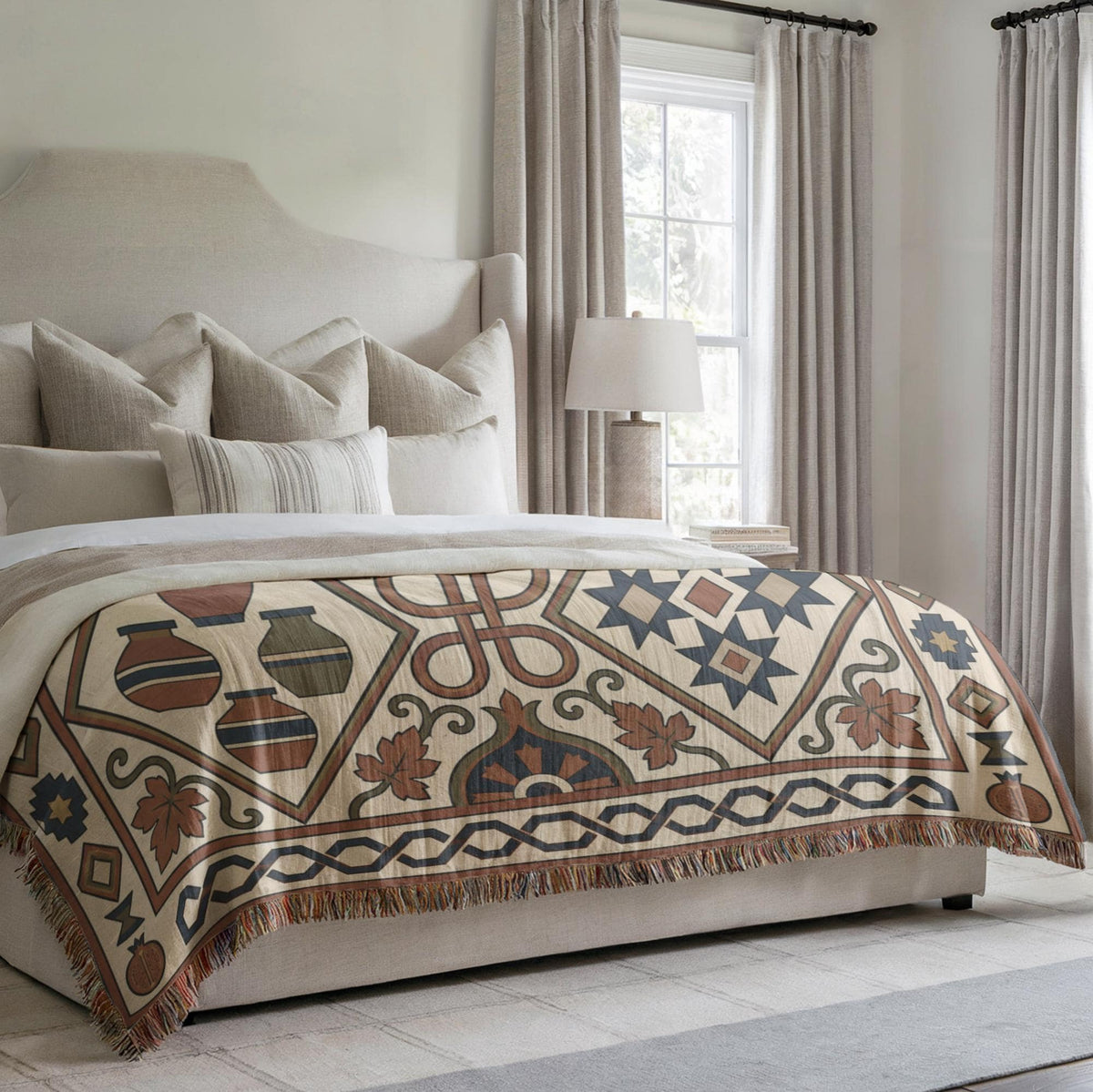 Rust, teal and cream geometric woven cotton throw blanket with fringe