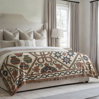 Rust, teal and cream geometric woven cotton throw blanket with fringe